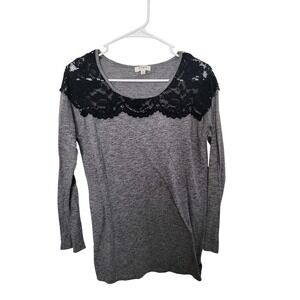 Umgee Women Gray Heathered Knit Long Sleeve Top Black Lace Neckline Size M